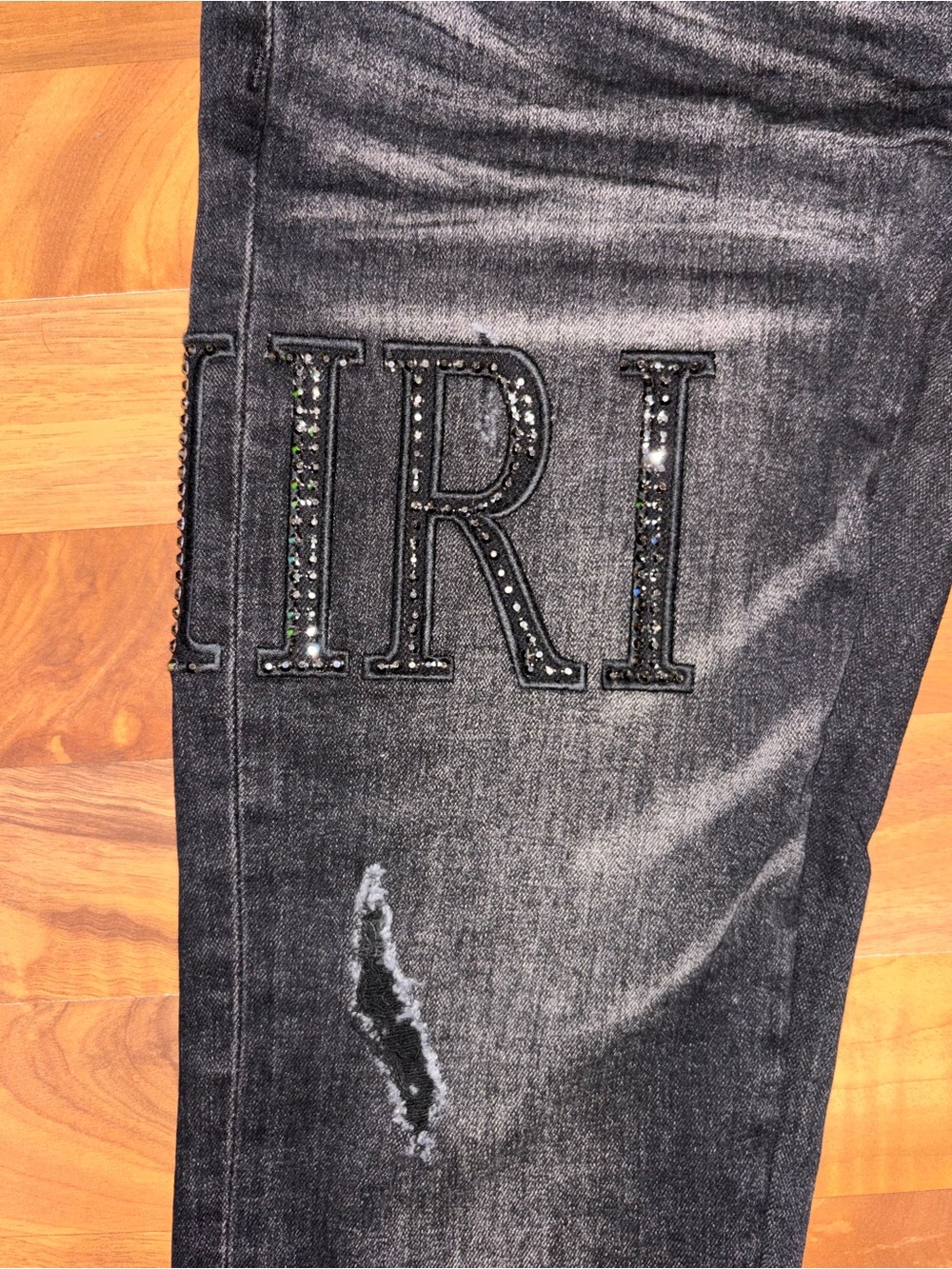 AMIRI Black Skinny Jeans with Rhinestone Lettering - Picture 3 of 7